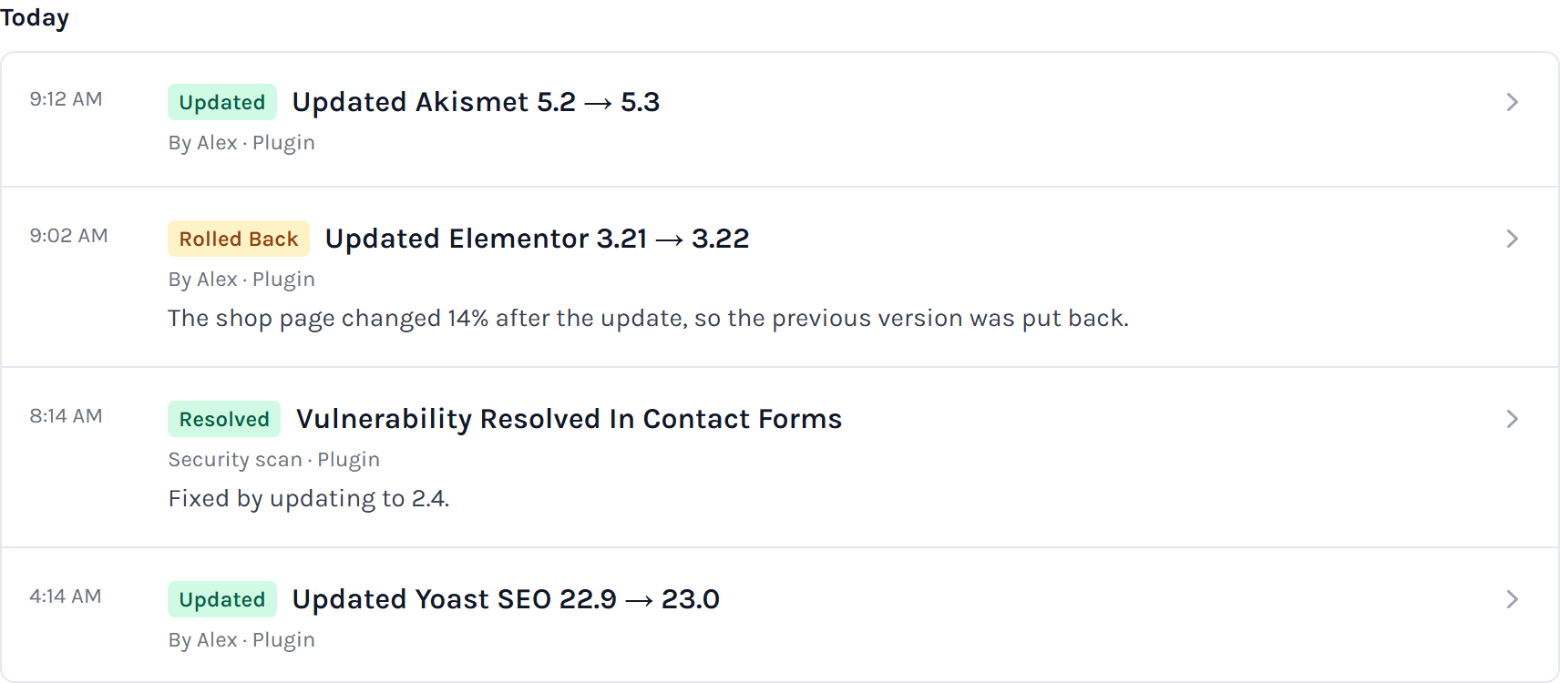 The Activity page: an update, a rolled-back update with the reason, and a resolved vulnerability