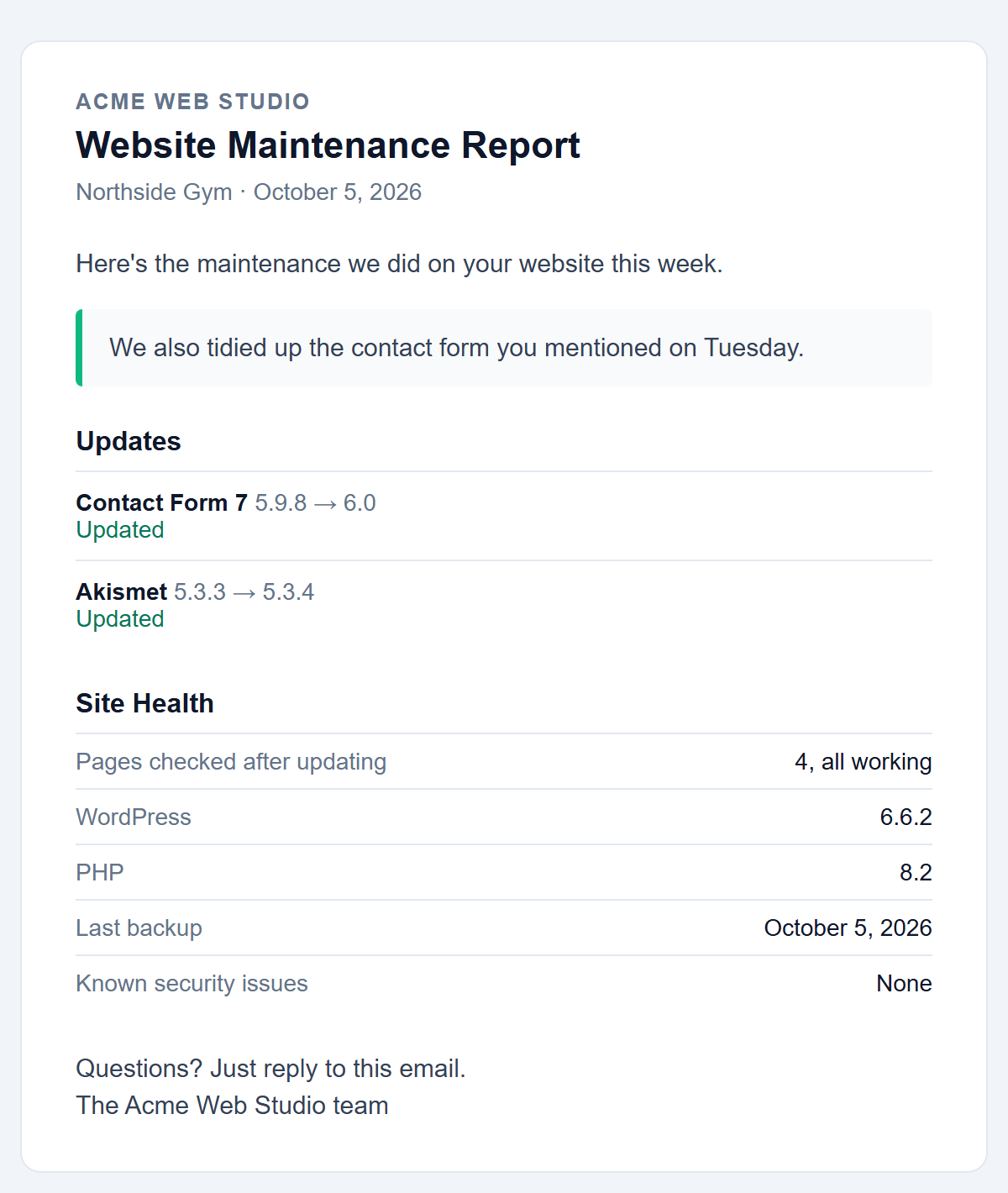 A client report email from the agency: two plugins updated, four pages checked, WordPress and PHP versions and the last backup