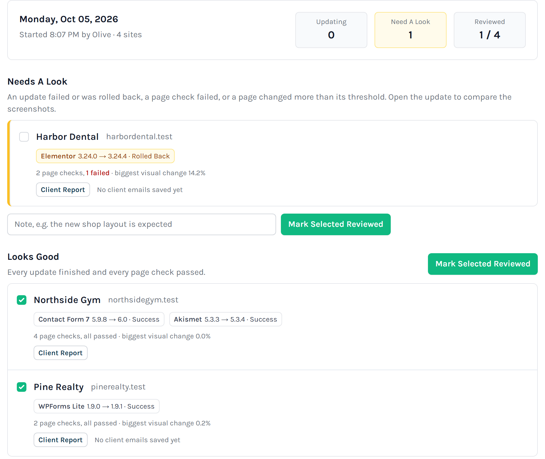 A maintenance run: one site needs a look after a rolled-back update, two look good, each with a Client Report button