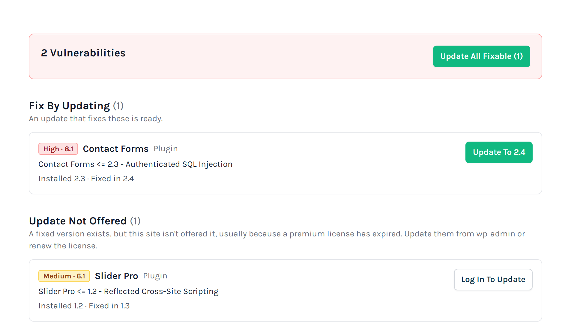 The Security page: two vulnerable plugins, one fixed by updating
